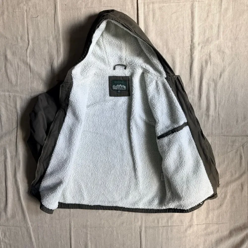 Sherpa Fleece Lined Canvas Hooded Jacket Men's M Olive Workwear Coach Coat